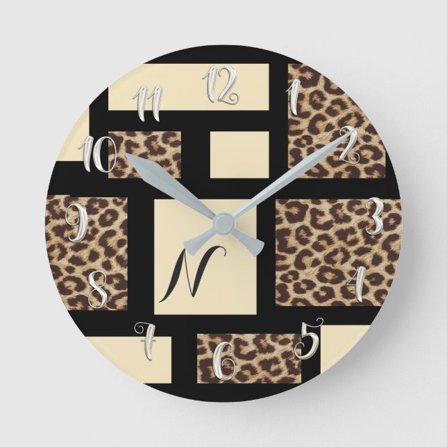 Black & Cream Leopard Cheetah Colour Block Custom Round Clock (Front)