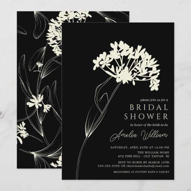 Black & Cream Modern Floral Bridal Shower Invitation (Front/Back)