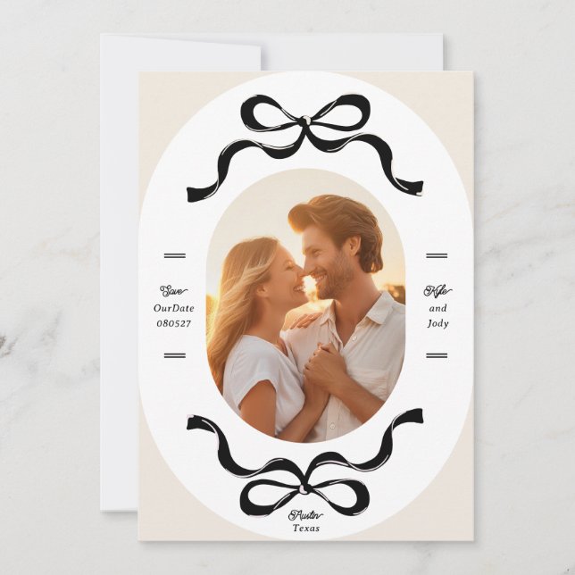 Black Cream RIBBONS & Bows Photo Wedding Save The Date (Front)