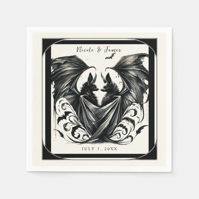 Black Cream Silver Gothic Love Bats Wedding Napkin (Front)