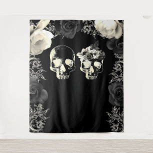 Black Cream Skeleton SkuLLS Photography Backdrop Tapestry
