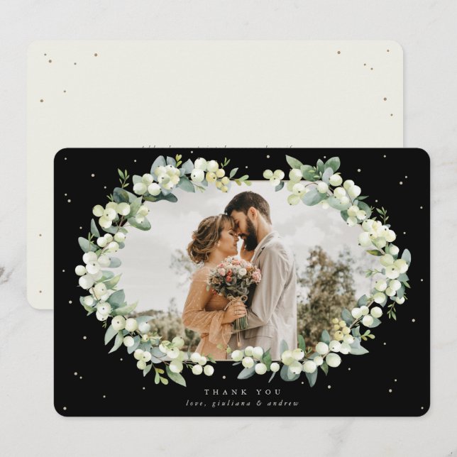 Black/Cream Snowberry+Eucalyptus Wedding Photo Thank You Card (Front/Back)
