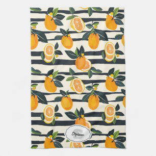 Black Cream Striped Citrus Fruit Botanical Kitchen Towel