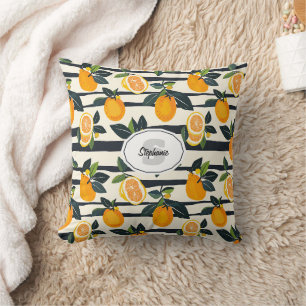Black Cream Striped Citrus Fruit Botanical Throw Pillow
