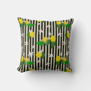 Black Cream Striped Lemons & BlossomsThrow Pillow