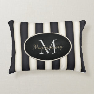 Black & Cream Stripes Oval Framed Monogram Accent Pillow