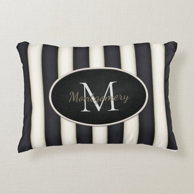 Black & Cream Stripes Oval Framed Monogram Accent Pillow (Front)