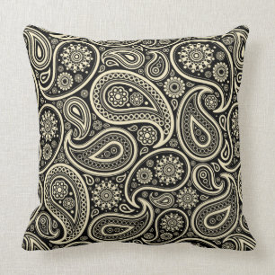 Black & Cream Vintage Paisley Geometric Pattern Throw Pillow