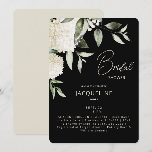  Black & Cream White Hydrangeas Bridal Shower Invitation (Front/Back)