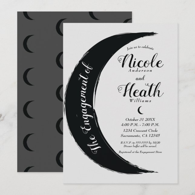 Black Crescent Dark Moon Grey Engagement Shower  Invitation (Front/Back)