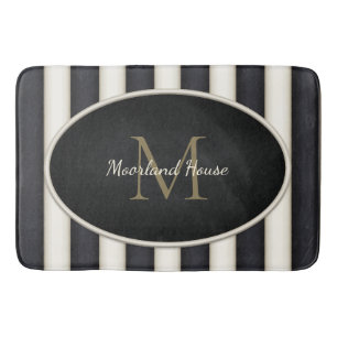 Black & Cresme Stripes Bronze Monogram Bath Mat