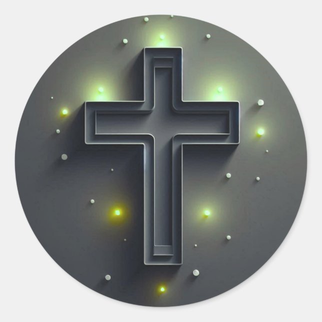 Black Cristian Cross with Green light  Classic Round Sticker (Front)