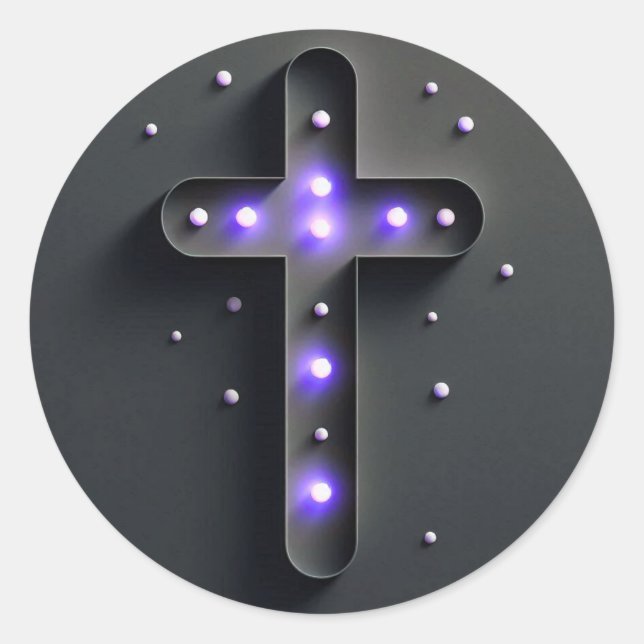Black Cristian Cross with Purple light  Classic Round Sticker (Front)