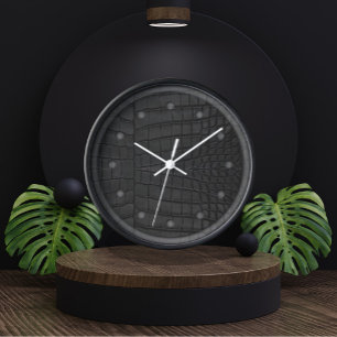 Black Crocodile Leather Print Clock