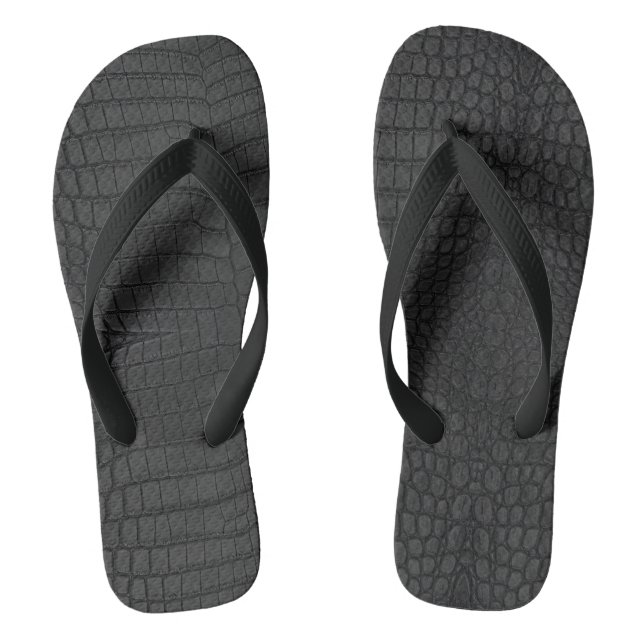 Black Crocodile Leather Print Flip Flops (Footbed)