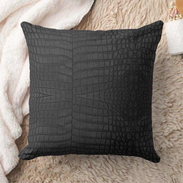 Black Crocodile Leather Print Throw Pillow (Blanket)