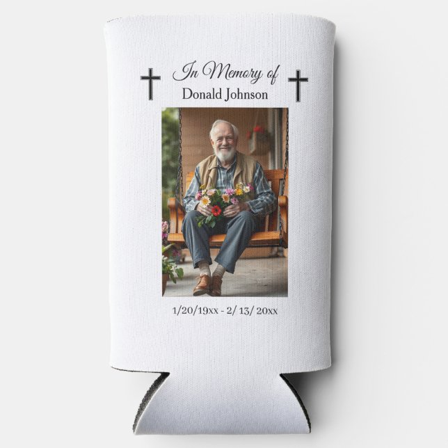 Black Cross and Poem Photo Memorial Seltzer Can Cooler (Front)