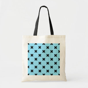 Black cross stitches on baby blue tote bag