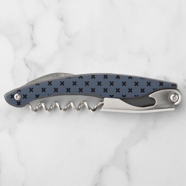 Black cross stitches on blue-gray corkscrew (Back)