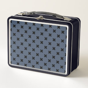 Black cross stitches on blue-grey metal lunch box