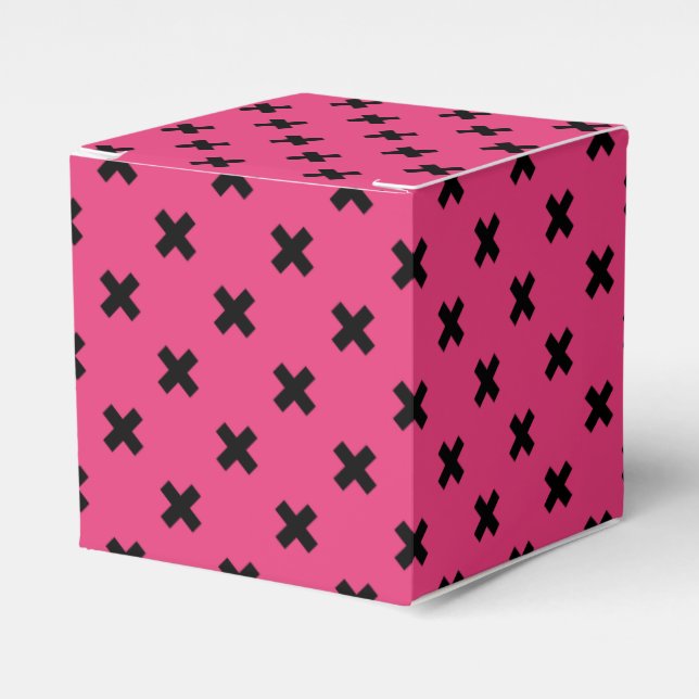 Black cross stitches on fuchsia favor box (Front Side)
