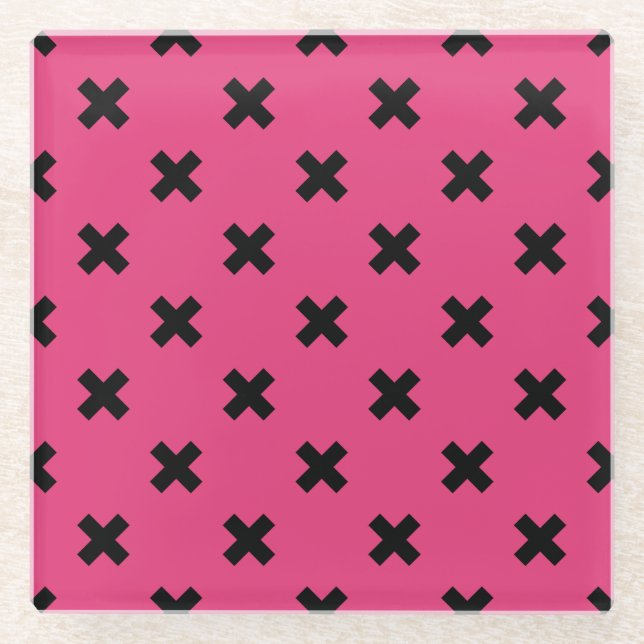 Black cross stitches on fuchsia glass coaster (Front)