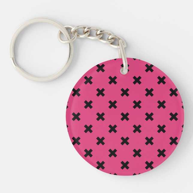 Black cross stitches on fuchsia keychain (Front)