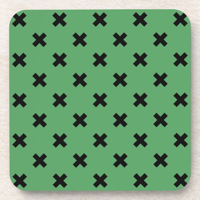 Black cross stitches on green coaster (Front)