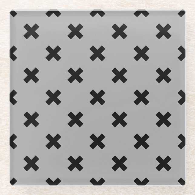 Black cross stitches on grey glass coaster (Front)