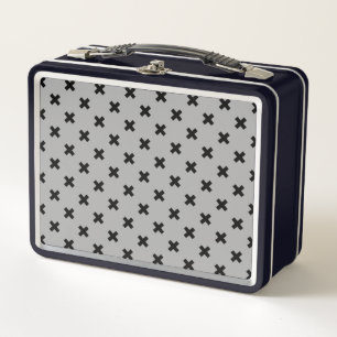 Black cross stitches on grey metal lunch box