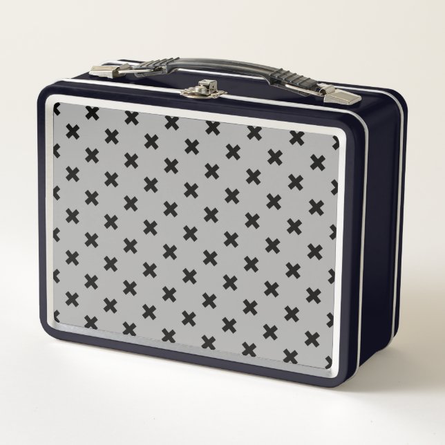 Black cross stitches on grey metal lunch box (Front)