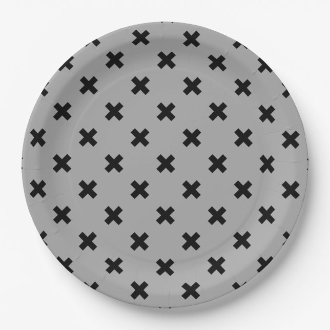 Black cross stitches on grey paper plate (Front)