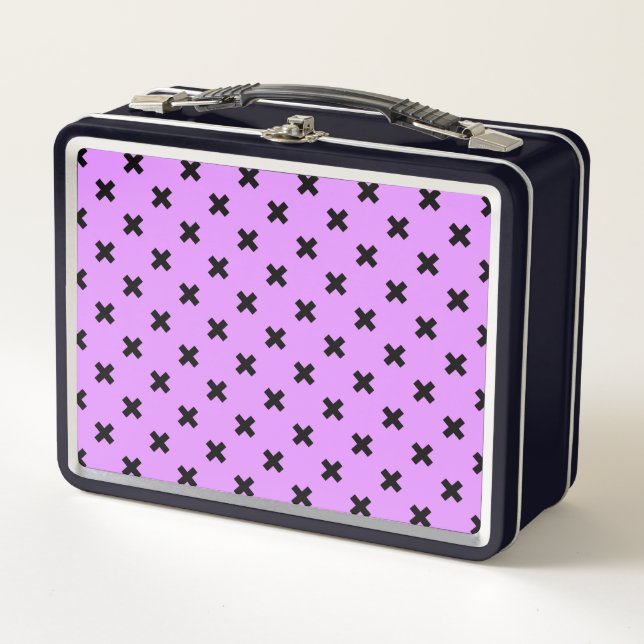 Black cross stitches on lilac metal lunch box (Front)