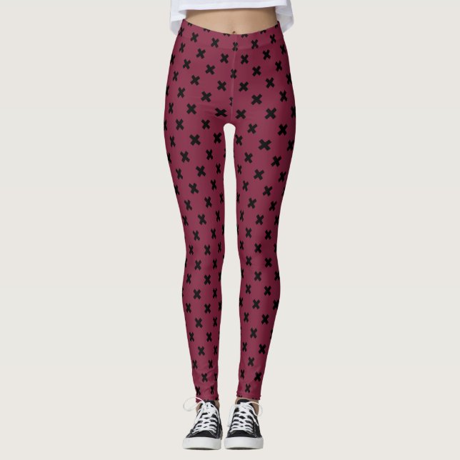 Black cross stitches on mulberry leggings (Front)