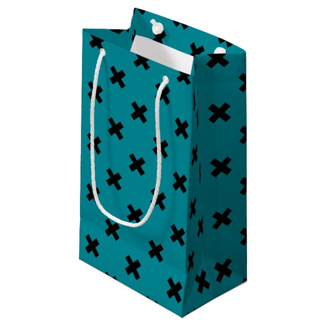 Black cross stitches on teal small gift bag (Front Angled)