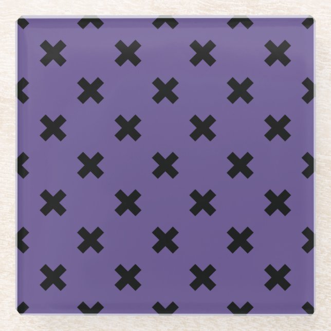 Black cross stitches on ultra violet glass coaster (Front)