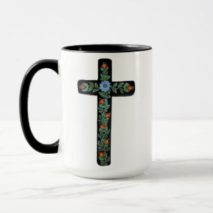 Black Cross with Flowers Mug