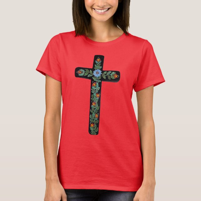 Black Cross with Flowers T-Shirt (Front)