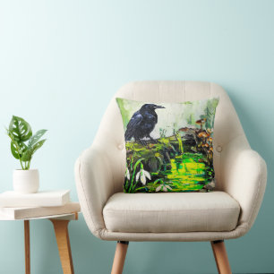 Black Crow and Glowing Forest Stream Oil Painting Throw Pillow