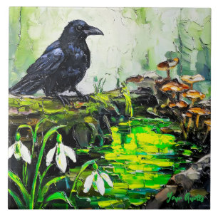 Black Crow and Glowing Forest Stream Oil Painting Tile