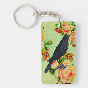 Black Crow and Rose Keychain