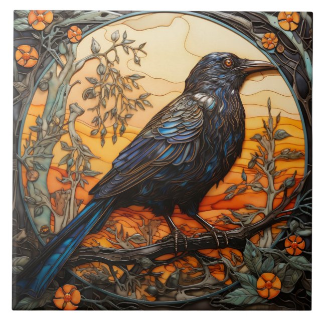 Black Crow, Art nouveau Stained Glass Tile (Front)