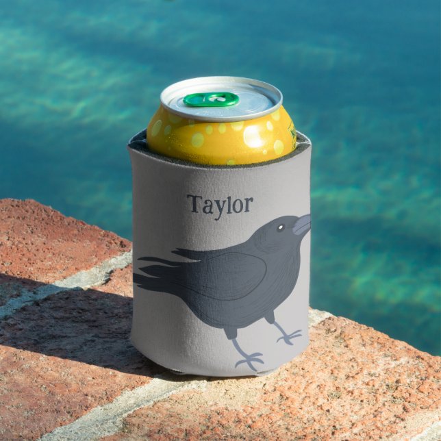 Black Crow Bird Illustration Personalized Can Cooler (In Situ Pool)