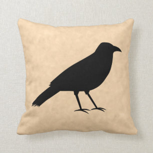 Black Crow Bird on a Parchment Pattern. Throw Pillow