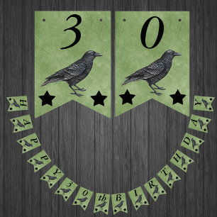 Black Crow Black Stars on Grunge Green Birthday Bunting Flags