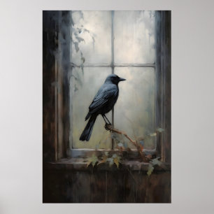 Black Crow By Window Dark Academia, Antique Oil Poster