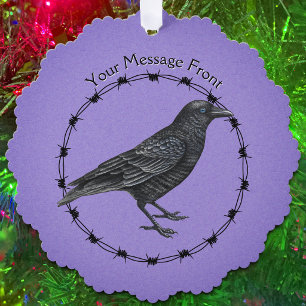 Black Crow in Circle of Barbed Wire on Purple Ornament Card