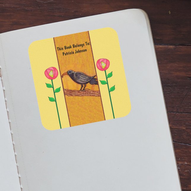 Black Crow on Branch Abstract Red Flowers Yellow Square Sticker (Creator Uploaded)