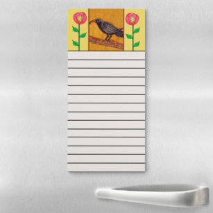 Black Crow on Branch Bright Red Flowers Yellow Magnetic Notepad