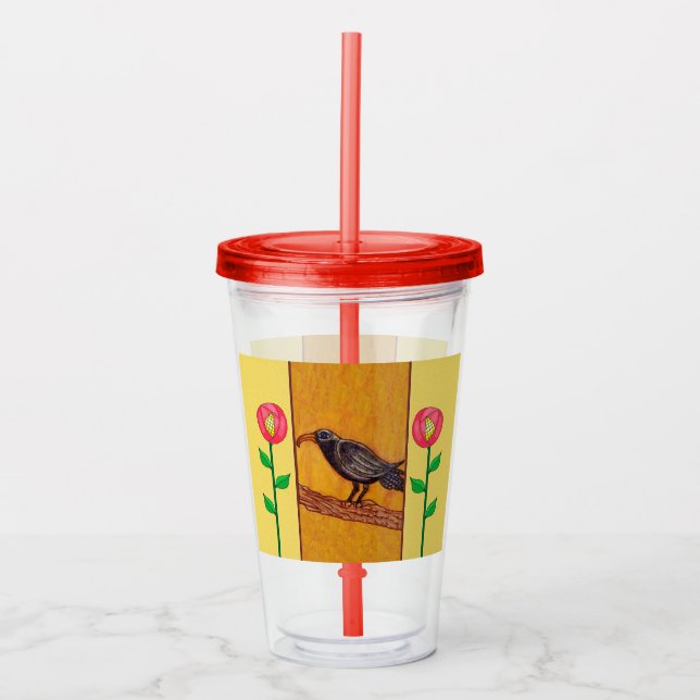 Black Crow on Branch Red Abstract Flowers Yellow Acrylic Tumbler (Front)